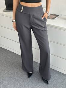Modelyn Women's Solid Color Waist Button Design Pocket Straight Leg Casual Pants, Suitable For Work Gray Pants Office Pants Business Pants Business Casual Women Pants Elegant Pants For Women - Grey - View 2