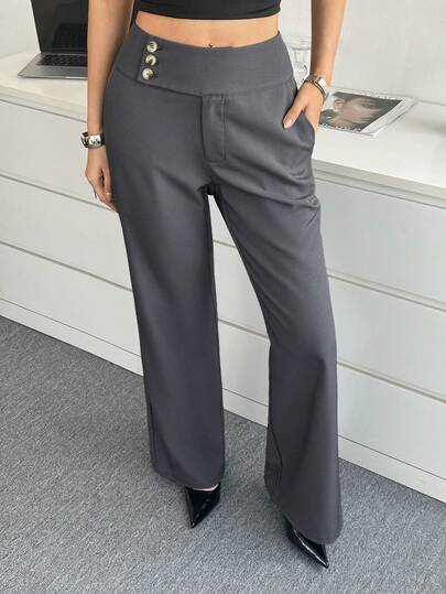 Modelyn מכנסי קז'ואל בגזרה אחידה עם כפתורים בגזרה ישרה לנשים, מתאים לעבודה