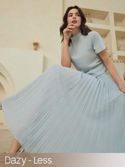 Dazy-Less Spring/Summer Elegant Blue Top & Pleated Skirt Set, Stylish Casual/Work Outfit, Suitable For Dates, Weddings, Commuting