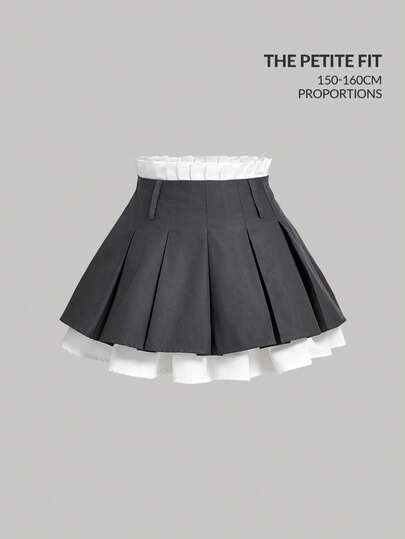 SHEIN MOD Petite 适合身高150-160cm，娇小完美之选，专为娇小身材设计，女士夏季撞色双层灰色迷你裙，春夏皆宜，适合嘉年华、海滩、外出、休闲、Y2K风格，迷你裙，百褶裙，低腰裙