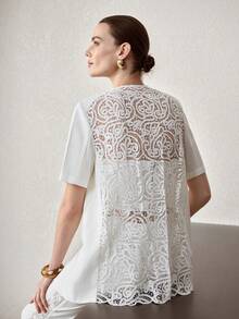 MOTF PREMIUM 女士白色短袖撞色蕾丝优雅外套 - 白色 - 查看 3