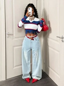BamGleam Women's V-Neck Long Sleeve Blue White Stripe Ripped Distressed Fringe Pullover Knit Sweater,Autumn Streetwear Everyday Back To School Fashion Casual - Blue and White - View 5