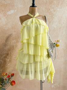 Soleia 女士雪纺优雅奶油黄吊带迷你连衣裙，女士约会连衣裙，女士夜间外出连衣裙，女士夏季连衣裙，女士蜜月套装，女士婚礼宾客连衣裙，海岛度假套装，女士婚礼宾客连衣裙，女士吊带连衣裙，女士优雅派对连衣裙，女士生日连衣裙 - 淡黃色 - 查看 1