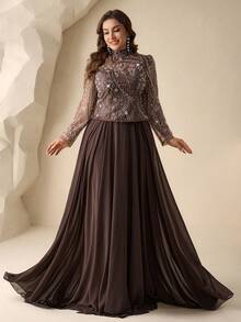 Coutiva Đầm dạ hội sang trọng cỡ lớn, cổ cao, kiểu dáng 2 trong 1, chất liệu chiffon đính sequin, phù hợp cho khách dự đám cưới, lễ tốt nghiệp, lễ hội đón mưa, sự kiện thảm đỏ, v.v. - màu nâu - Xem 3