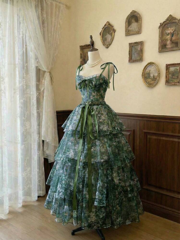 SHEIN MOD Vestido Vintage de Floral Estampado em Óleo com Múltiplas Saias Removíveis 2 em 1 - Estilo Palaciano, Vestido de Aniversário, Vestido de Cruzeiro, Vestido com Sobreposição - Multicolorido - Visão 5