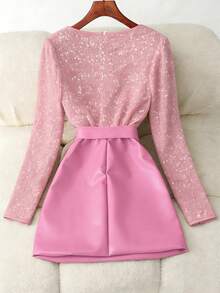 GlowEve Đầm ôm sát cổ chữ V xếp ly, phối sequin và da giả, kiểu dáng thanh lịch dành cho nữ, tôn dáng, thích hợp cho mùa thu/đông. - Hồng - Xem 2