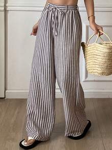 DAZY 女士休闲条纹抽绳裤，适合日常和度假穿着 - 咖啡棕 - 查看 6