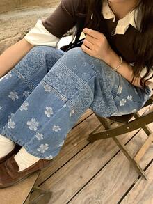 DAZY Women's Patchwork Loose Wide-Leg Casual Jeans, Japanese Street Style - Blue - View 7