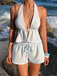 Opulessa Summer Spring Vacation Elegant Casual Going Out Beach Women's Line Print Halter Top And Shorts 2 Pieces Set - Blue - View 7