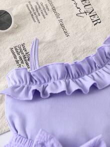 SHEIN Bộ áo thun hai dây họa tiết hoa dễ thương cho bé gái, phối cùng quần short có nơ, thoải mái cho mùa hè và mùa thu. - Màu tím hoa cà - Xem 4