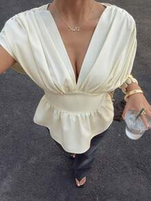 Siren Gaze 女士纯色深V领露背上衣，教师款上衣，复古风，街头风，优雅款上衣，可爱款上衣，夏季服装，夏季休闲装 - 杏色 - 查看 6