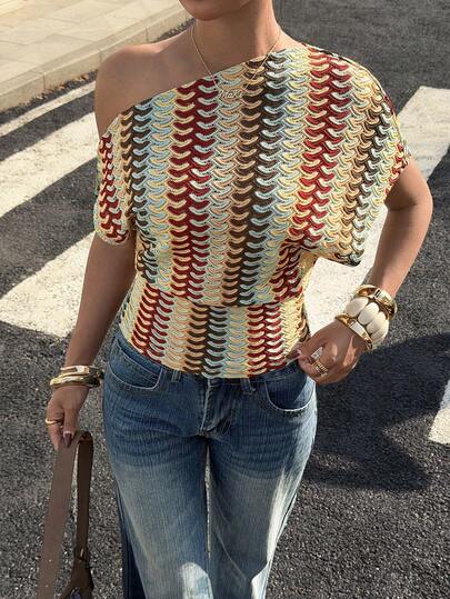 Siren Gaze Retro American Style Color-Blocked Crochet Openwork Off-Shoulder Knit Short-Sleeved Top For Women, Summer Loose Fit, Slimming, Hand-Knitted Wavy Stripes, Casual And Versatile Short Sleeve Summer Tops Boho Blouses For Women Short Sleeve Tops Pattern Tops Summer Casual Tops