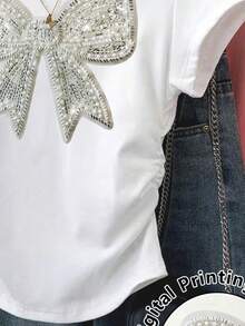 休闲简约仿珍珠蝴蝶结装饰短袖圆领露脐T恤，适合青少年女孩夏季穿着，美式学院风，白色修身款，日常百搭。 - 彩色 - 查看 5