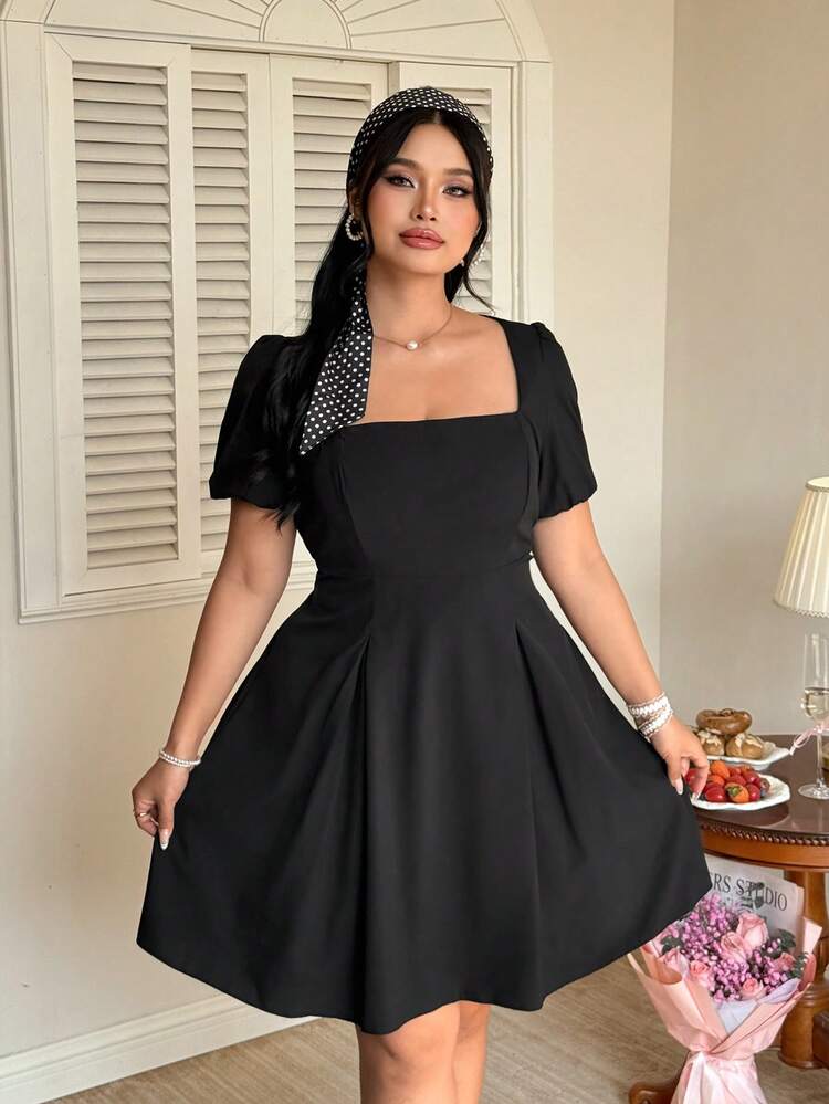 short black dress with puff sleeves Lainey Black Puff Sleeve Eyelet Smocked Mini Dress M / Black