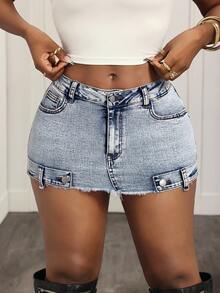 Slaydiva Minissaia jeans justa e sexy com bolsos frontais para mulheres plus size - Lavagem leve - Ver 3