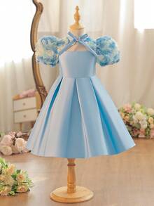 SHEIN 年轻女孩修身优雅镂空腰部A字连衣裙，配立领 - 藍色 - 查看 10