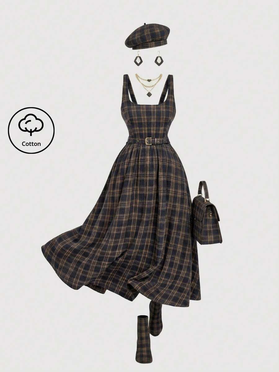 SHEIN MOD Vestido camisero de mujer talla grande con estampado a cuadros, informal, elegante, adecuado para la escuela, el trabajo y fiestas de cumpleaños - Multicolor - Ver 1