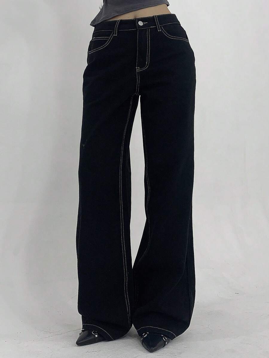 DAZY Women's Casual Contrast Stitch Wide Leg Jeans, - Black - View 1