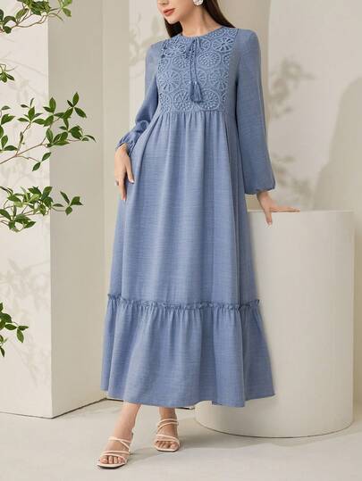 Veilorie 新款刺绣拼接收腰宽松休闲度假日常百搭连衣裙