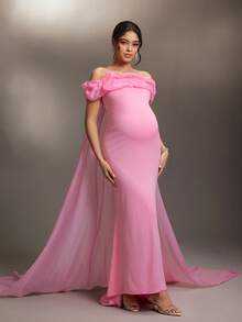 Cheriluna Maternity 优雅单肩花卉图案网纱长裙，孕妇写真风格 - 粉色 - 查看 5