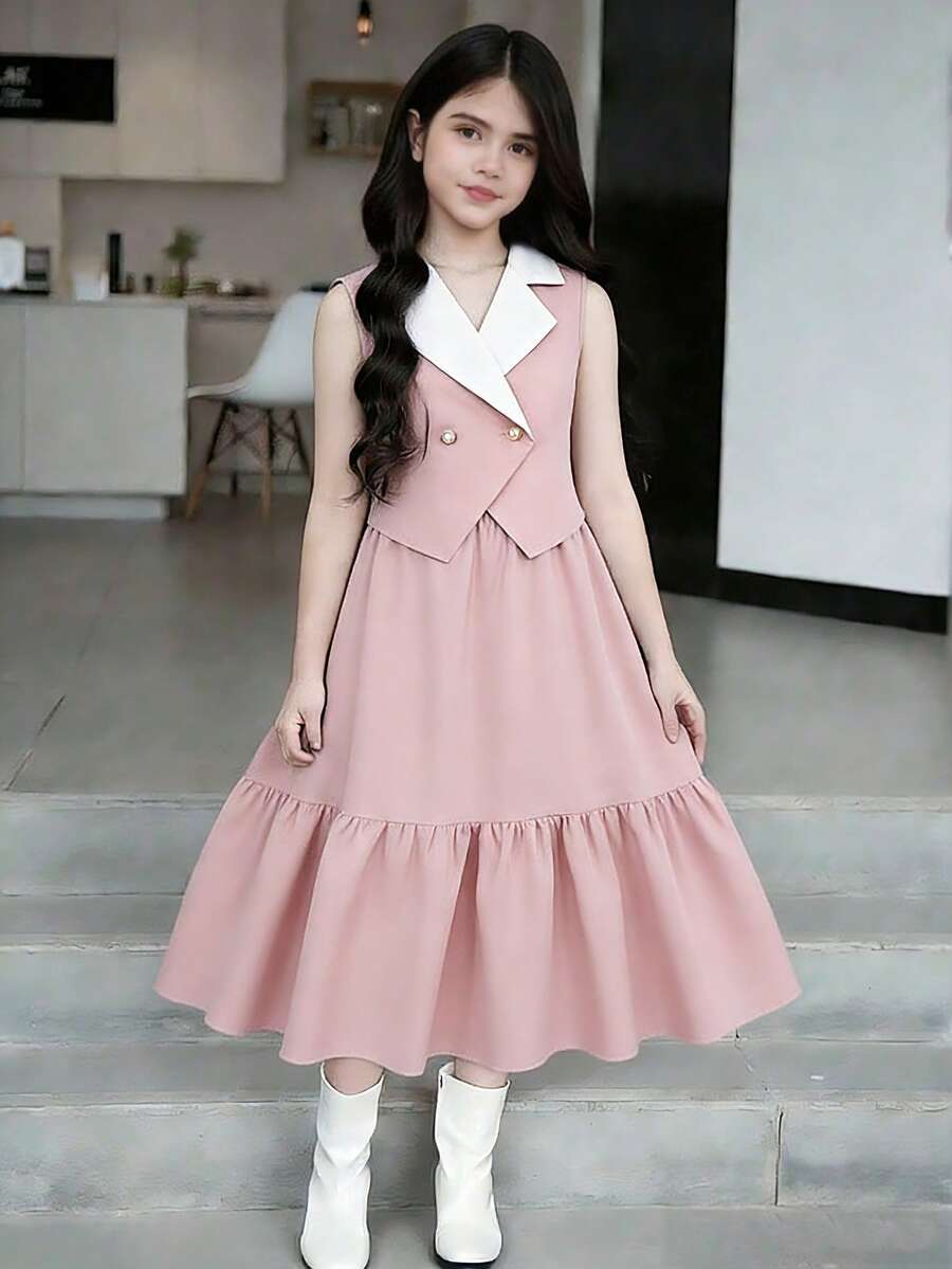 SHEIN Tween Girl Pink Faux Pearl Button Jacket And Pink Skirt Set - Pink - View 1