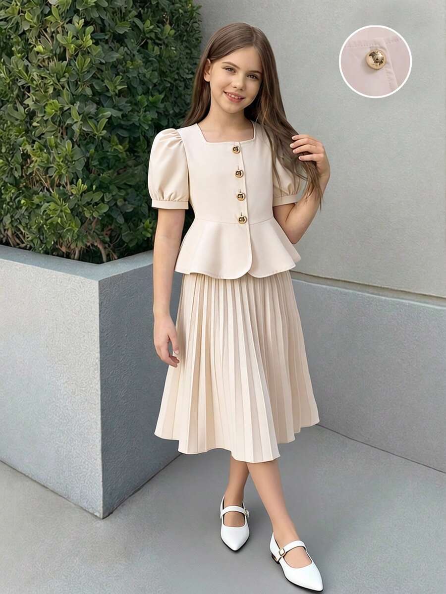 优雅方领泡泡袖套装，适合日常穿着、聚会和外出活动。 - 杏色 - 查看 1