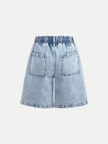 Girlism 少女休闲浅蓝色弹力腰带蝴蝶结装饰牛仔阔腿长短裤，夏季波西米亚风牛仔短裤，夏季波西米亚风海滩音乐会锐舞节，女孩夏季可爱短裤，夏季假期，春季，女孩海滩，度假休闲女孩，情人节，海滩度假，毕业季 - 淺色水洗藍 - 查看 2