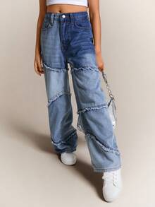 Radiana Tween Girls Y2k Fashionable Washed Distressed Light & Dark Blue Splice Raw Edges Loose Fit Denim Baggy Pants,For Girls Spring/Summer Streetwear Outfits - Medium Wash - View 5