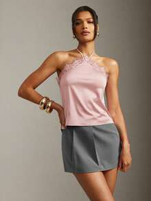 Hauture Sexy Summer Office Lace Datail Halter Cami Top - Pink - View 3