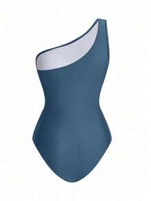 One-Piece Swimsuit With Solid-Color Ruched Mesh Panel And Sarong Skirt - Sea Blue - View 3