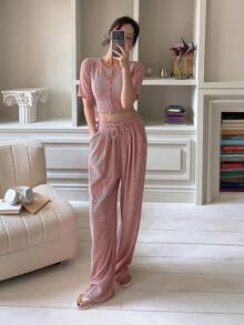 DAZY Bộ đồ mặc nhà mùa hè thoải mái gồm áo khoác và quần màu hồng nhạt cho nữ, gồm 2 món: áo khoác và quần, thích hợp mặc ở nhà. - Hồng - Xem 9