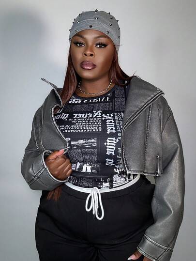 Truni 复古报纸明信片，“永不放弃”印花，休闲简约圆领修身大码女式背心，适合夏季、街头服饰、Y2K