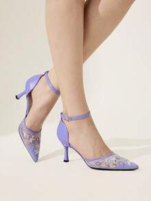 CUCCOO CHICEST Women's Pointed Toe Floral Mesh Buckle Design Elegant High Heels - Purple - View 4
