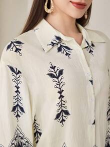 Veilorie Camisa casual holgada de mujer con bordado de plantas y abotonadura sencilla - Multicolor - Ver 6