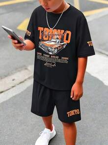 SHEIN 2pcs/Set Casual Street Oversized Letter Graphic Pullover T-Shirt & Solid Color Shorts, Comfortable & Versatile Knit Outfit For Teens, Suitable For Daily Wear, School, Outings, Outdoor Activities, Music Festivals, Holidays, Beach Vacations, Summer - Black and White - View 3