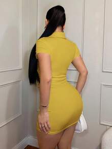SHEIN SXY Đầm công sở cổ bẻ thêu họa tiết, kiểu dáng thường ngày - Màu vàng - Xem 2