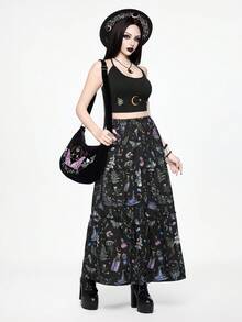 ROMWE Spring/Summerflower Gothic Magical Potion & Butterfly Crystal Print 2 Pieces Set: Camisole + Skirt For Women - Black - View 1