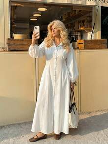 Dripcurv Đầm trắng tay phồng cỡ lớn dành cho nữ, đầm dài đi nghỉ mát, kiểu dáng cổ điển, hoàn hảo cho năm mới hoặc ngày Valentine. Đầm trắng tay dài cỡ lớn, đầm sơ mi, trang phục ngày lễ cho phụ nữ. - trắng - Xem 4