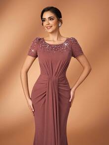 Serin 优雅奢华亮片水钻网纱拼接弹力金属纱针织美人鱼裙摆连衣裙，适合婚礼、派对、度假、舞会、新娘母亲晚礼服 - 鏽棕色 - 查看 6