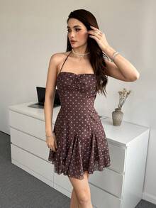 Modelyn Vintage Romantic Brown Polka Dot Halter Waist Cinched Chiffon Mini Dress For Women Ruched Backless Sleeveless Vacation Summer - Multicolor - View 3