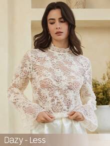Dazy-Less Elegant Lace Women's Shirt, Waist Cinched Design, Casual For Commuting, Suitable For Spring, Summer, Valentine's Day, Wedding - White - View 1