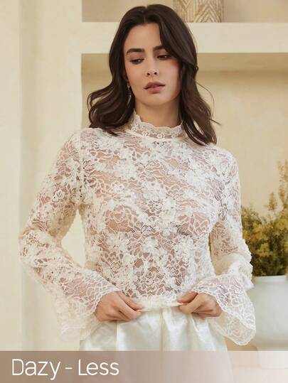 Dazy-Less Camisa elegante de encaje para mujer, diseño de cintura ceñida, casual para ir al trabajo, adecuada para primavera, verano, Día de San Valentín, boda