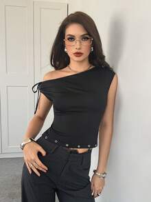 Modelyn Women's Solid Color Tie Shoulder Design Fitted Fashion T-Shirt Black Top One Shoulder Top Sexy Top Off The Shoulder Top Cap Sleeve Top One Sleeve Top Classy Top - Black - View 5