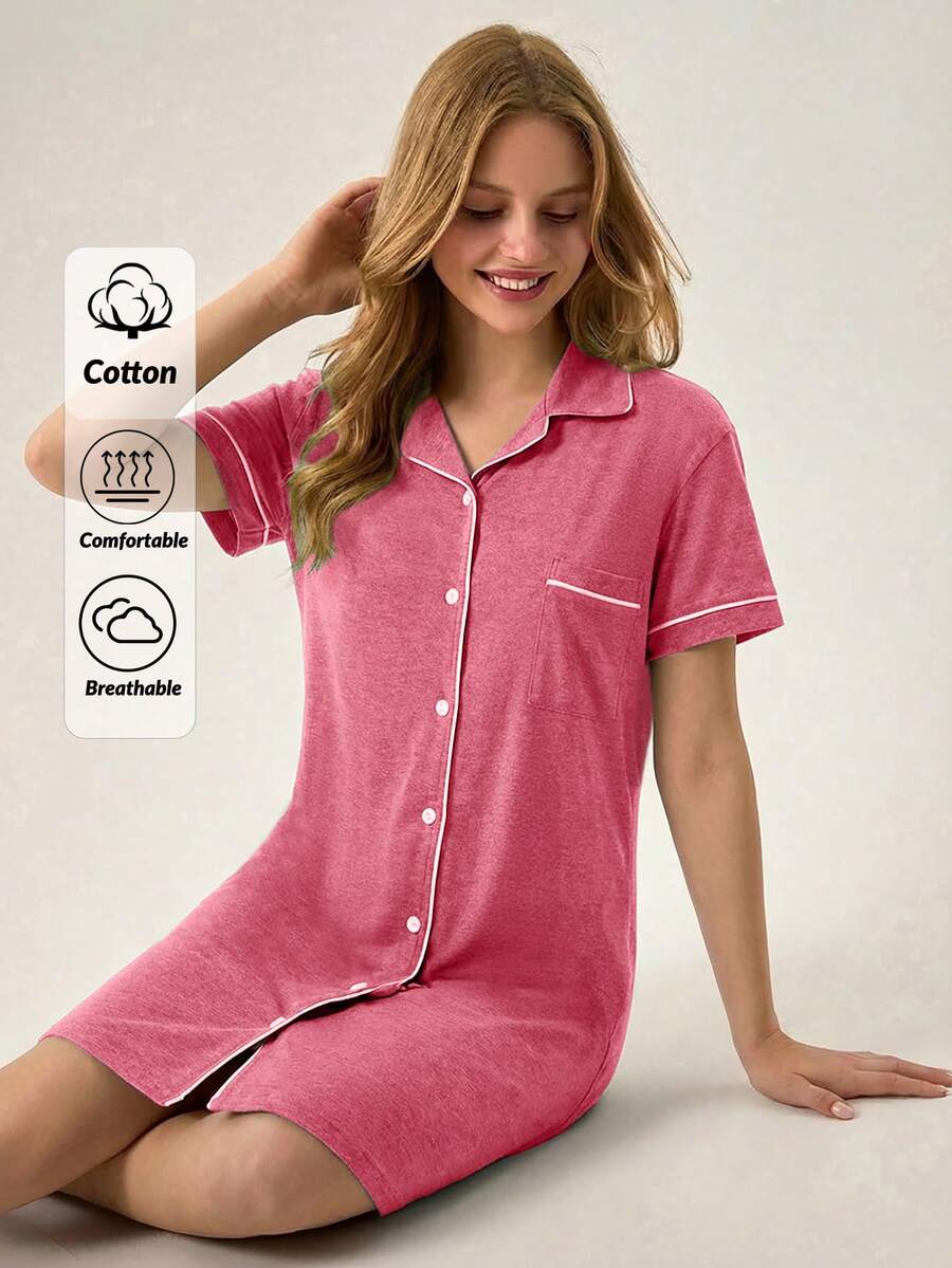 Loomlin Women Button Front With Contrast Colour Detail Homewear Lounge Pajama Dress - Pink - View 1