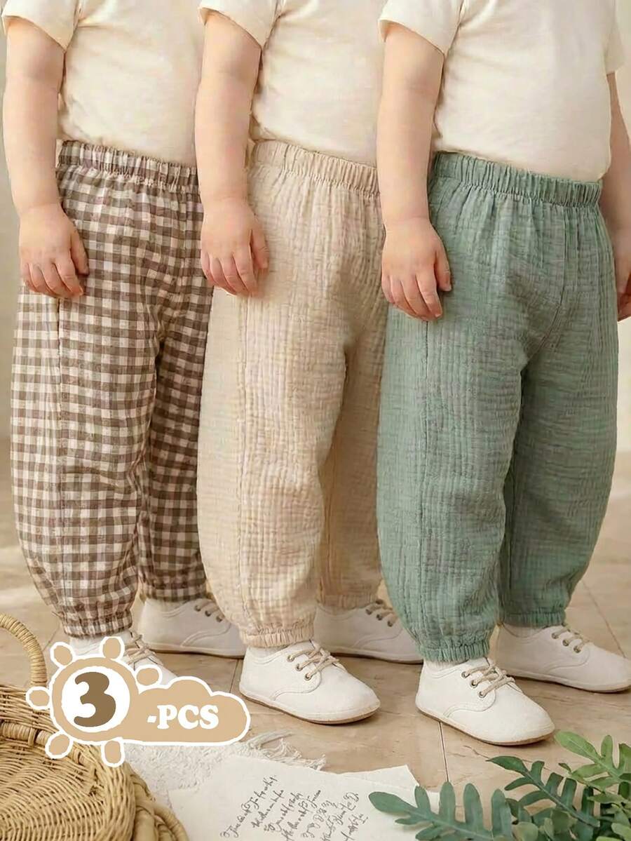 SHEIN Vintaside Kids 3件套幼儿男童休闲口袋松紧腰裤，纽扣装饰，百搭款式，适合春、夏、秋、冬四季日常穿着，也适合上学、旅行、运动等场合。 - 彩色 - 查看 1