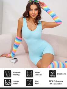 Eraneu 1pc Women Seamless Comfortable Tummy Control Lift Butt Bodysuit - Mint Blue - View 6