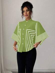 Elenzga Mandarin Collar Digital Printed Geometric Lines Pattern, Asymmetrical Sleeve French Elegant Blouse, Suitable For Spring/Summer Vacation - Green - View 5