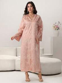 Yasmyna 女士春夏粉色梭织印花长袖连帽优雅土耳其长裙和阿拉伯传统长袍 - 粉色 - 查看 4