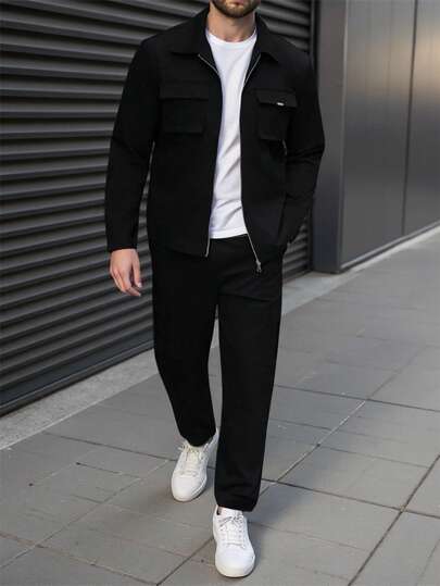 Manfinity CasualCool 男士休闲纯色长袖工装衬衫和裤子套装，秋季服装