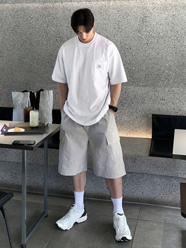 Men's White Crew Neck T-Shirt With Patch Pocket, Summer
